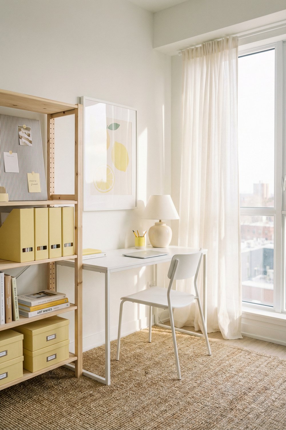 Sunlit white desk with yellow storage boxes, lemon wall art, sheer curtains, and woven rug creating a fresh Summer Office Decor look for a small apartment workspace.