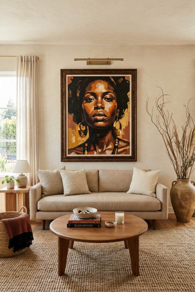 Bright neutral living room with Afro Art portrait above a beige sofa, round wood coffee table, woven rug, soft curtains, and warm natural decor
