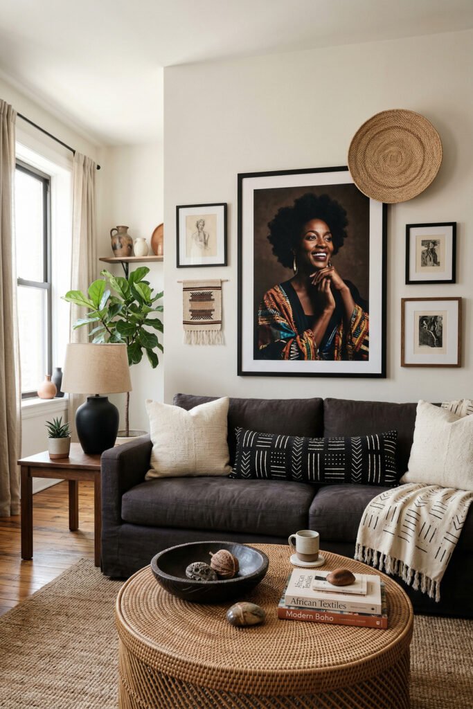 Dark charcoal sofa with cream and mudcloth pillows, large portrait art, woven wall accents, rattan coffee table, and plants in an Afro Boho Decor living room.

