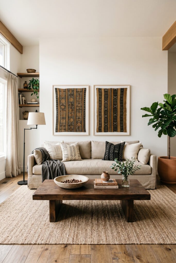 Neutral Afro Boho living room with beige sofa, framed textile art, wood coffee table, woven rug, open shelves, and potted fiddle leaf fig.
