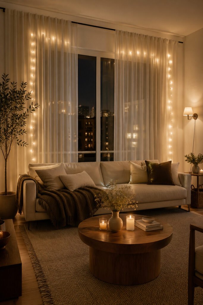 Cozy apartment living room with sheer curtains, string lights, cream sofa, candles, and warm apartment vibes decor ideas
