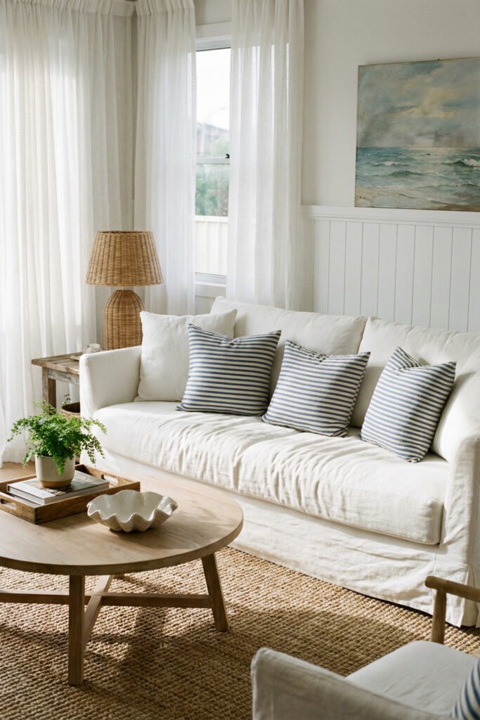 Beach Cottage Decor That Feels Fresh for Summer 1 White slipcovered sofa with blue striped pillows, sheer curtains, jute rug, and wicker lamp creating airy beach cottage decor in a calm summer living room.