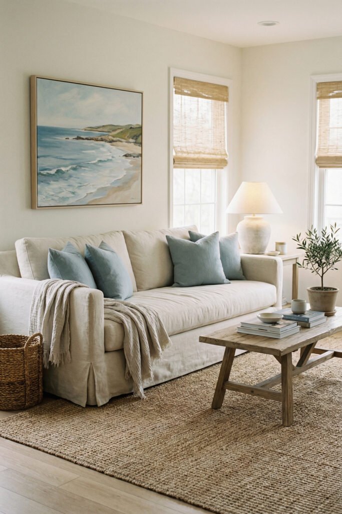 Coastal Summer Aesthetic Ideas for a Breezy Apartment 1 Neutral living room with a cream sofa, pale blue pillows, coastal wall art, woven shades, and jute rug styled for a light coastal summer aesthetic.