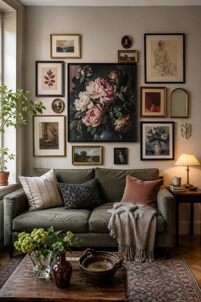 Cozy apartment living room with sage sofa, vintage gallery wall, floral art, plants, and decor ideas with personality
