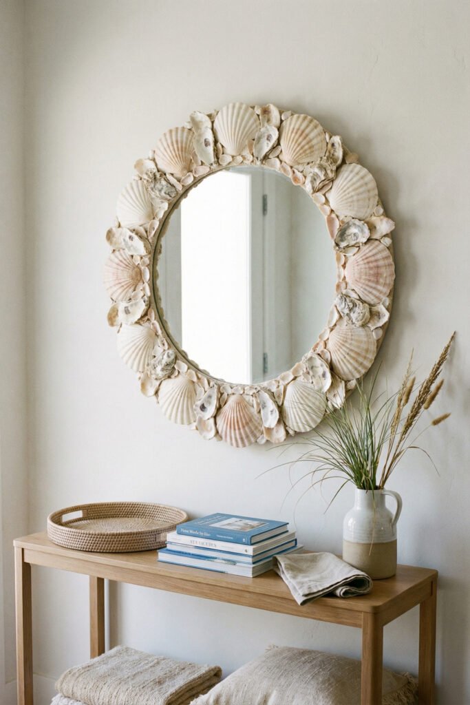 Diy Beach Decor That Feels Fresh for Summer 1 Oval mirror framed with scallop shells above a light wood console with books and pampas grass, a chic DIY beach decor idea.