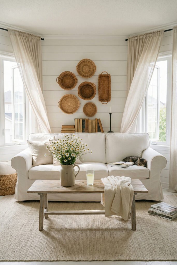Bright living room with white sofa, wicker wall baskets, linen curtains, daisies on a rustic coffee table, and a curled-up cat in a cozy farmhouse summer decor setup.
