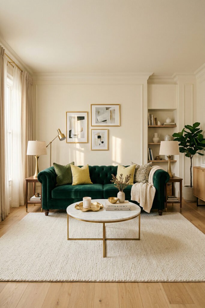 Green And Gold Room Ideas For A Stylish Living Room 1 Tufted emerald sofa styled with gold lighting, marble coffee table, cream rug, and abstract art in a bright classic living room.