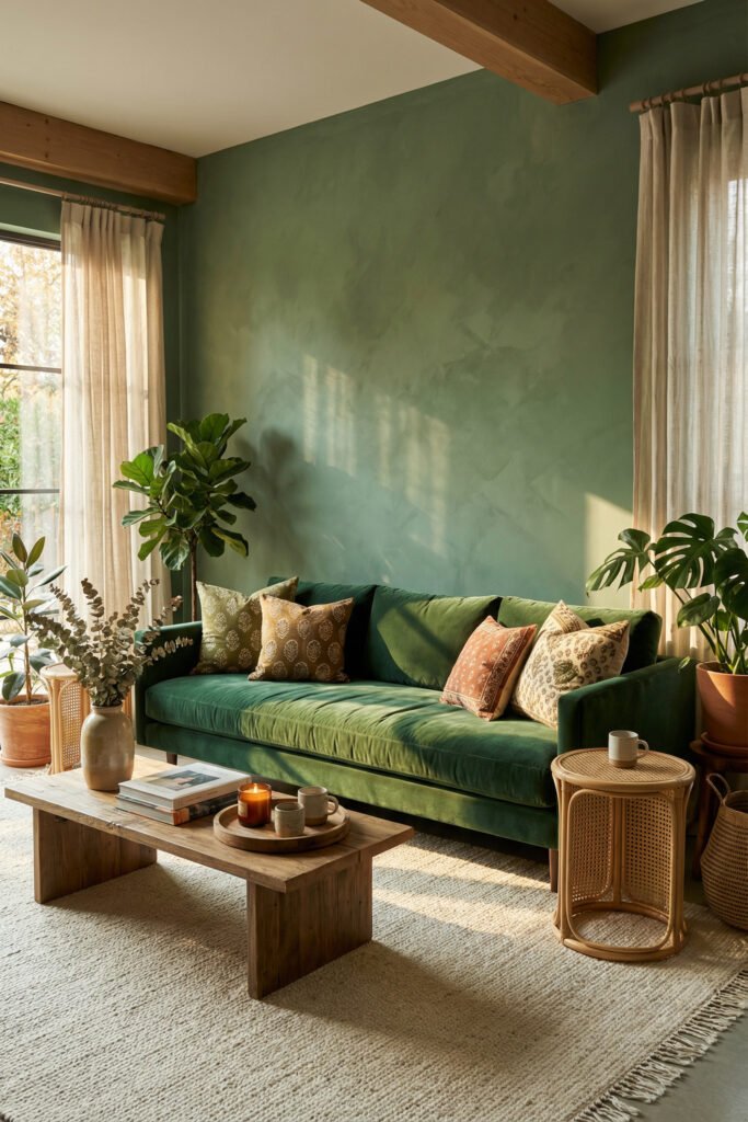 Green Boho Living Room Ideas With Relaxed Style 1 Moody green boho living room with emerald sofa, textured green wall, wood beams, rattan side table, houseplants, and rustic wood coffee table.