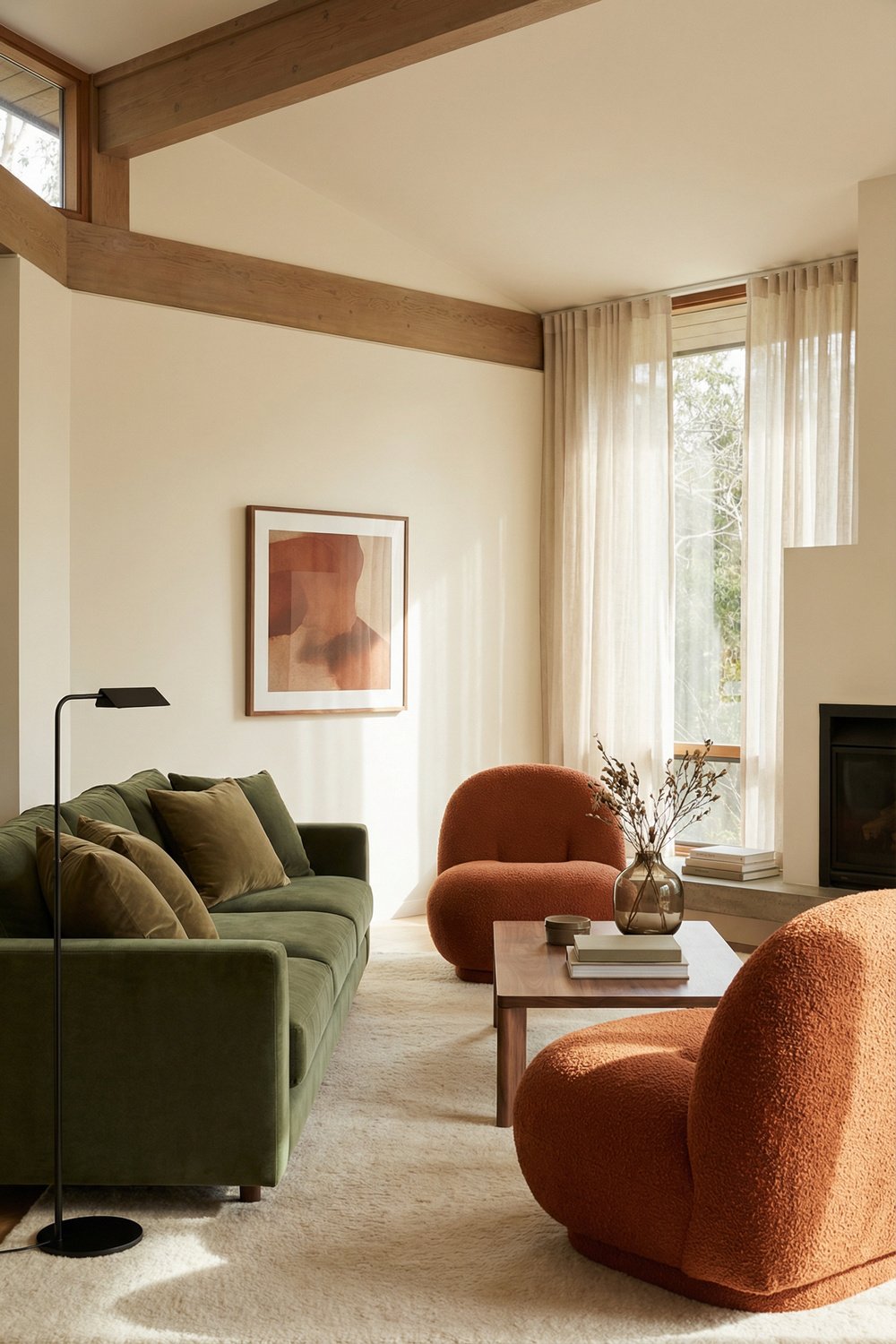 Olive green sofa with burnt orange boucle chairs, wood coffee table, beige rug, tall sheer curtains and fireplace in a warm Green Burnt Orange Living Room