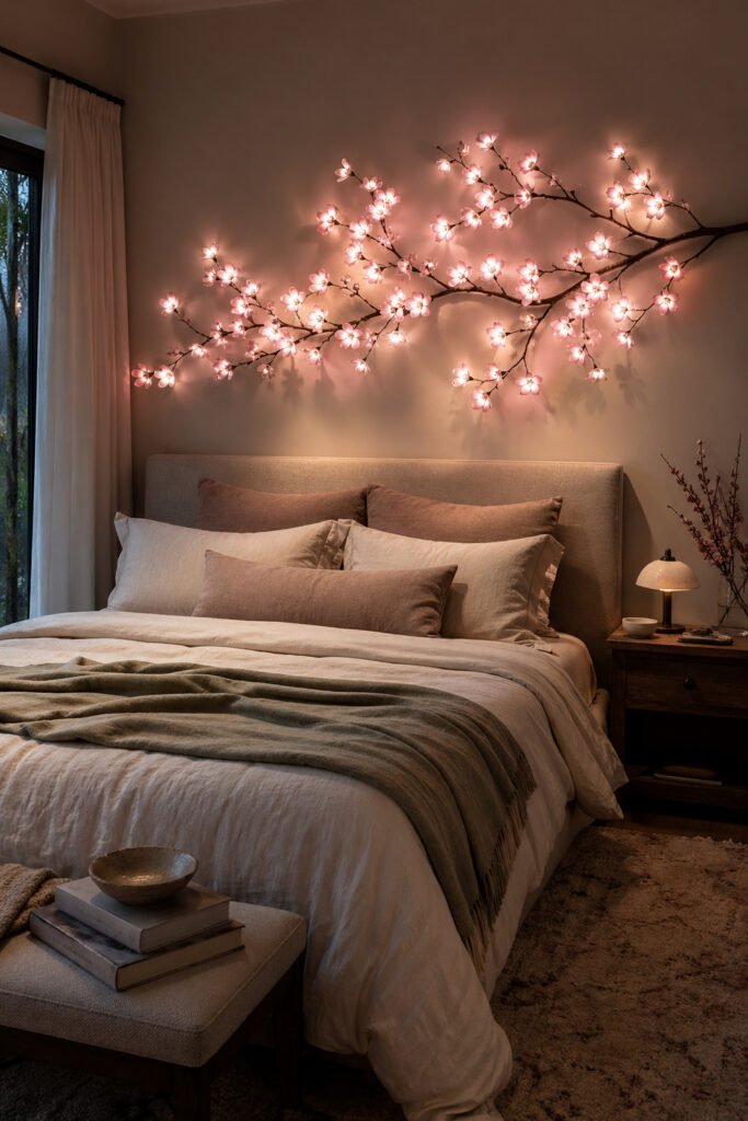 Soft bedroom with pink blossom branch wall lights above layered bedding, a warm bedside lamp, and lighting ideas for cozy rooms.
