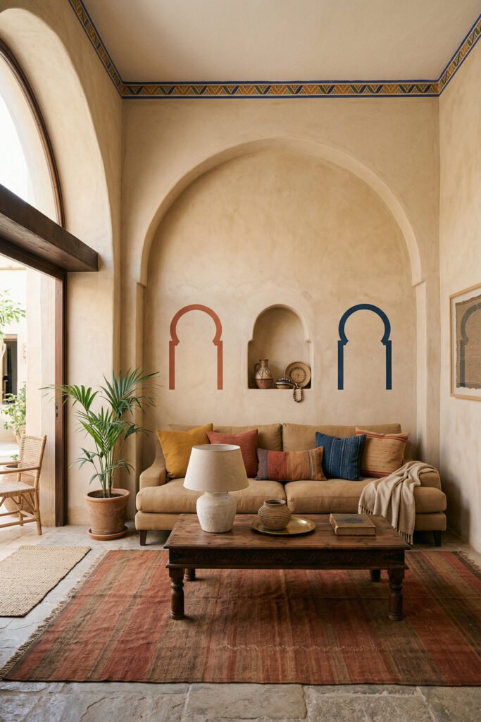 Plaster living room with soaring arch, earthy sofa, painted arch motifs, potted palm, rustic wood coffee table, and muted rug in a serene Nubian Style space.
