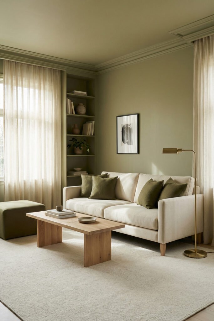 Olive Green Decor Ideas For A Layered Living Room 1 Soft sage living room with a white sofa, olive accent pillows, pale wood coffee table, brass floor lamp, and built-ins styled with olive green decor.