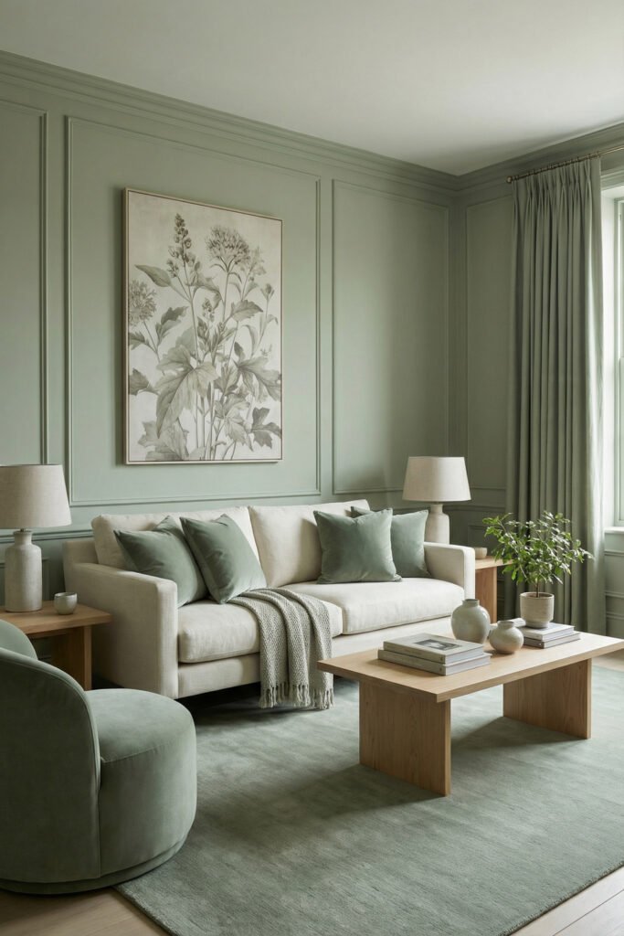Sage Green Lounge Ideas for a Calm, Collected Living Room 1 Elegant living room with sage paneled walls, cream sofa, pale green pillows, botanical art, and light wood coffee table in a serene sage green scheme.