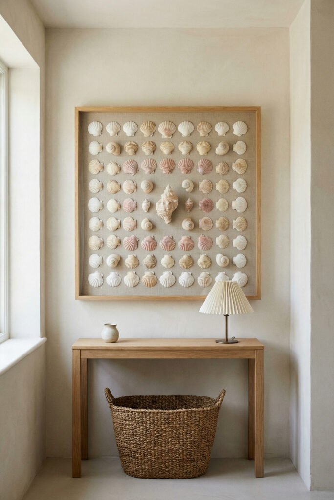 Framed shell collection arranged in a grid above a light wood console table with a pleated lamp and woven basket, creating a refined seashell display wall.
