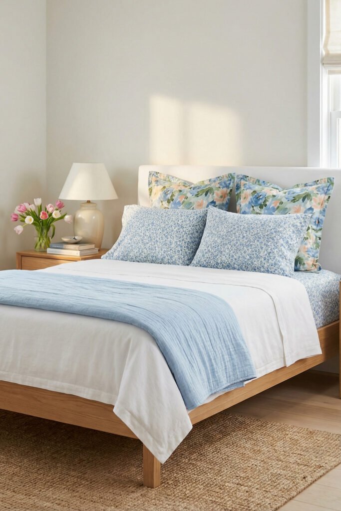 Spring Bedding Ideas for a Lighter, Fresher Bedroom 1 Light wood bed styled with white layers, blue floral shams, tiny print pillows, and a pale blue throw for airy spring bedding inspiration.