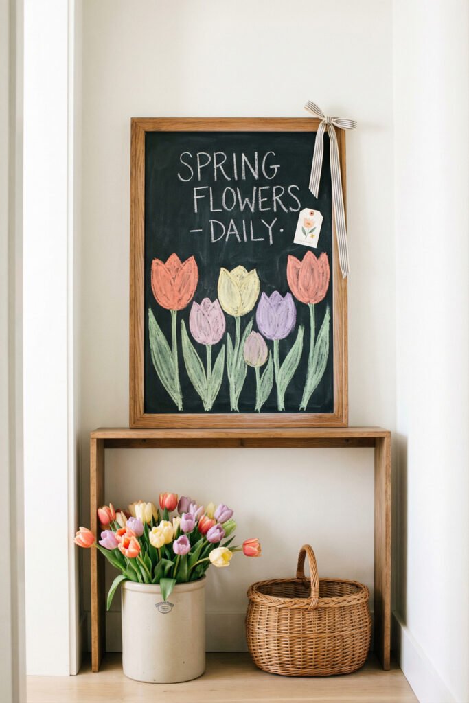 Spring Chalkboard Ideas That Feel Fresh and Easy to Style 1 Wood-framed chalkboard with pastel tulips and “Spring Flowers Daily” message above a bench with fresh tulips and basket, showing cheerful spring chalkboard ideas.