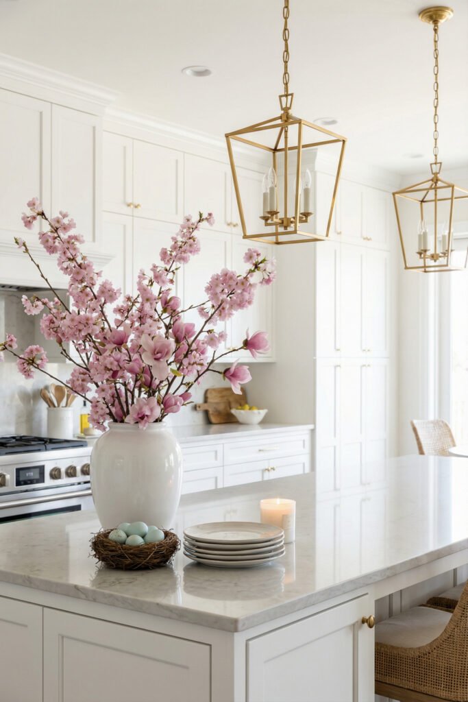 White kitchen island styled with a tall vase of pink blossoms, pastel eggs in a nest, stacked plates, and a candle beneath brass lantern pendants for spring kitchen décor
