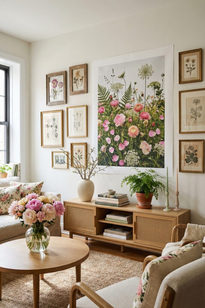 Neutral living room with botanical gallery wall, oversized floral art, cane console, peonies, and soft wood tones for elegant spring living room décor.
