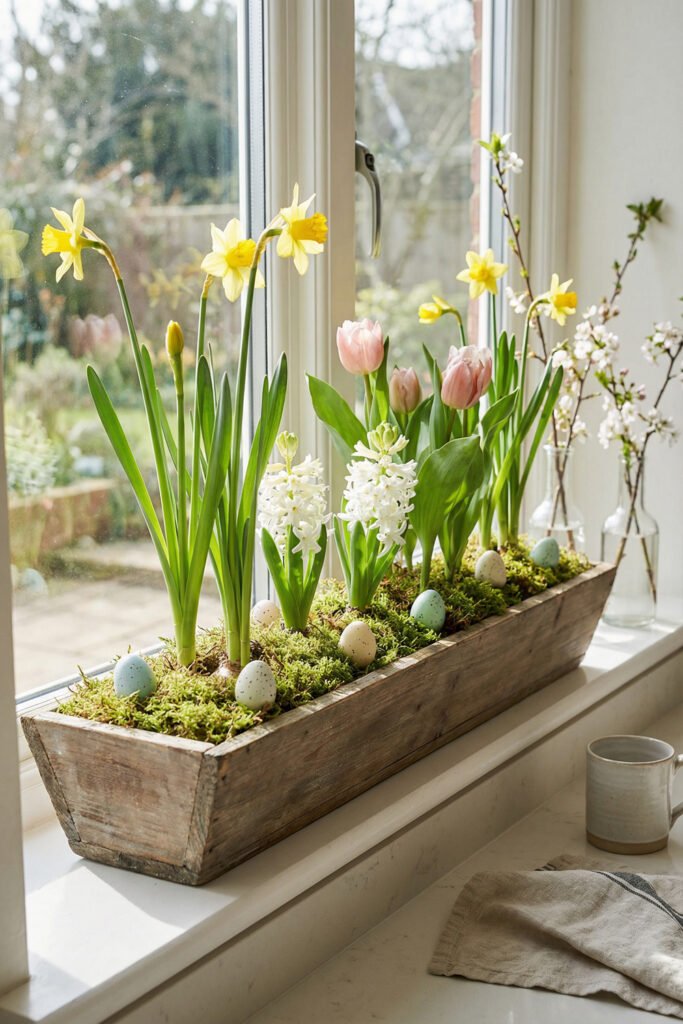 Spring Window Display Ideas For A Light-Filled Season 1 Rustic wooden planter on a sunny windowsill filled with daffodils, tulips, hyacinths, moss, and speckled eggs in a cheerful spring window display.