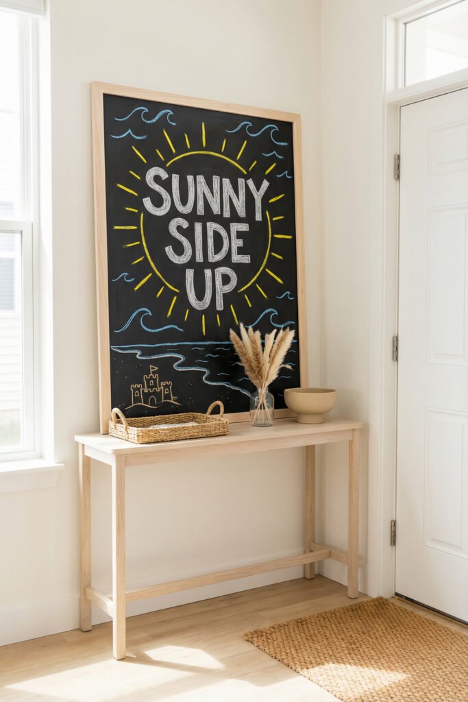 Summer Chalkboard Ideas That Brighten Every Corner 1 Light wood framed chalkboard saying Sunny Side Up with sun rays and waves on an entry table with pampas grass and woven tray.