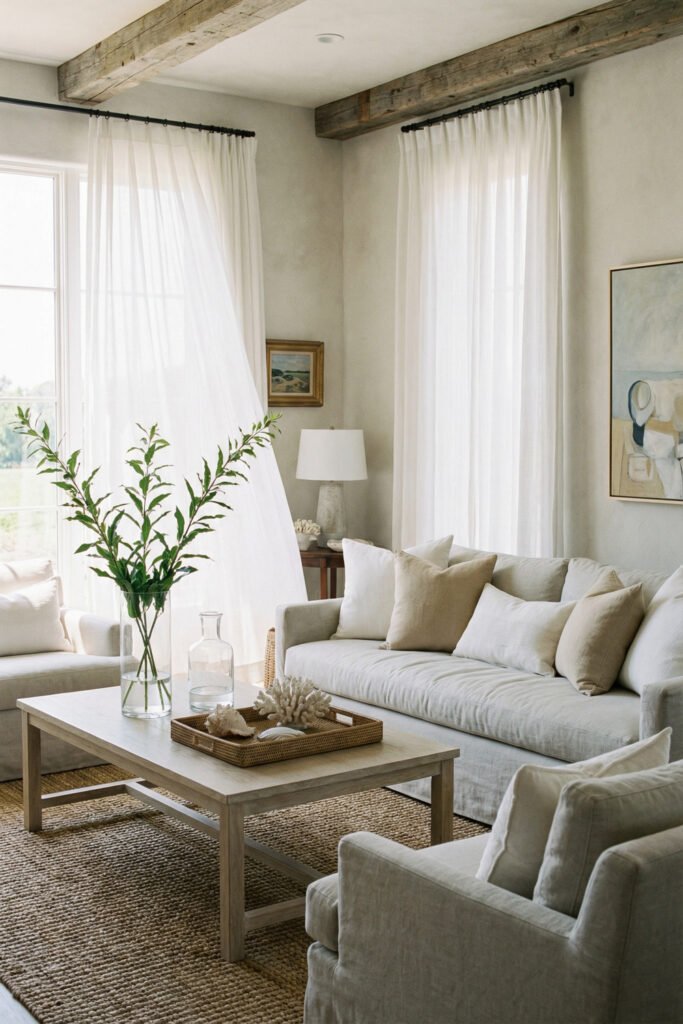 Summer Décor Ideas for an Airy, Collected Home 1 Airy living room with white slipcovered sofa and chairs, sheer curtains, wood beams, woven rug, and light coffee table in soft summer decor style.