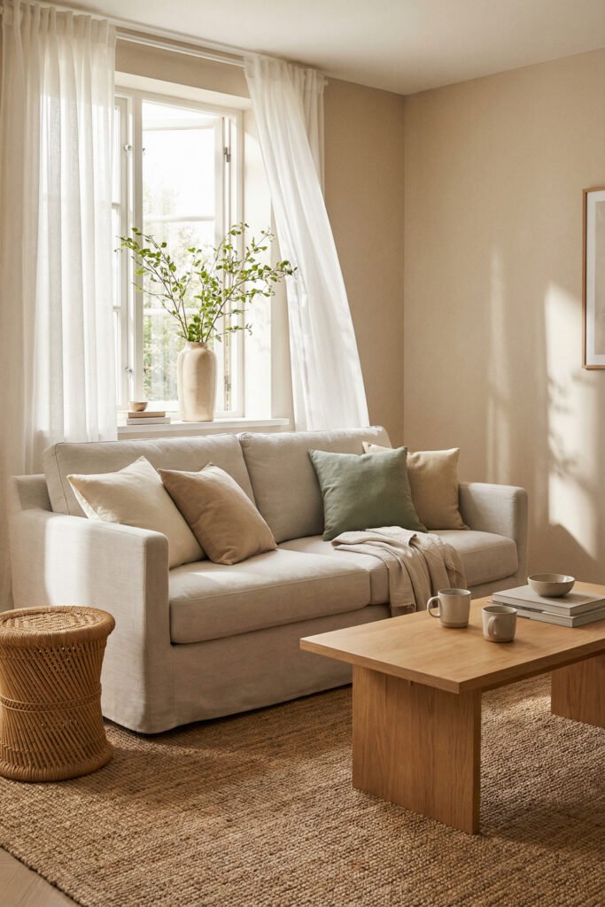 Warm neutral living room with a beige sofa, sheer drapes, wood coffee table, jute rug, and leafy branches in a vase for relaxed summer styling.
