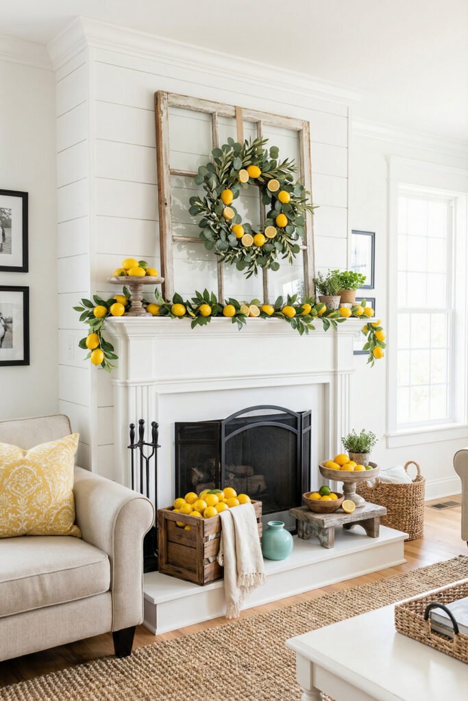 White fireplace mantel styled with a lemon wreath, citrus garland, rustic window frame, and yellow accents for bright cottage-inspired summer mantle décor.

