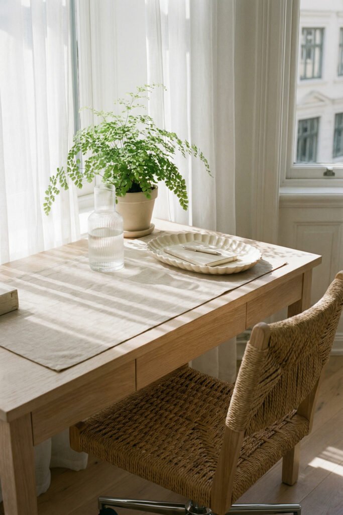 Light wood desk with woven chair, ribbed glass vase, fern, and soft linen curtains for an airy Summer Office Decor setup with natural texture.
