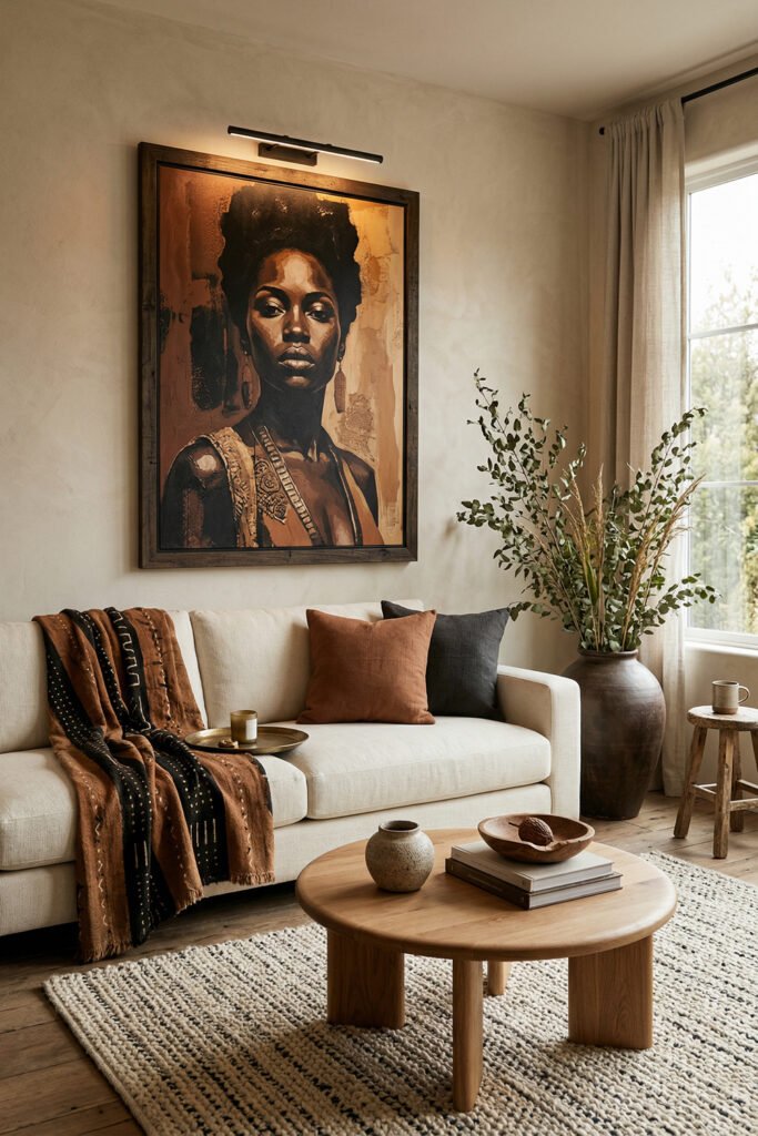 Neutral Afro Boho living room with a large framed portrait, cream sofa, rust and charcoal pillows, wood coffee table, textured rug, and tall vase with greenery
