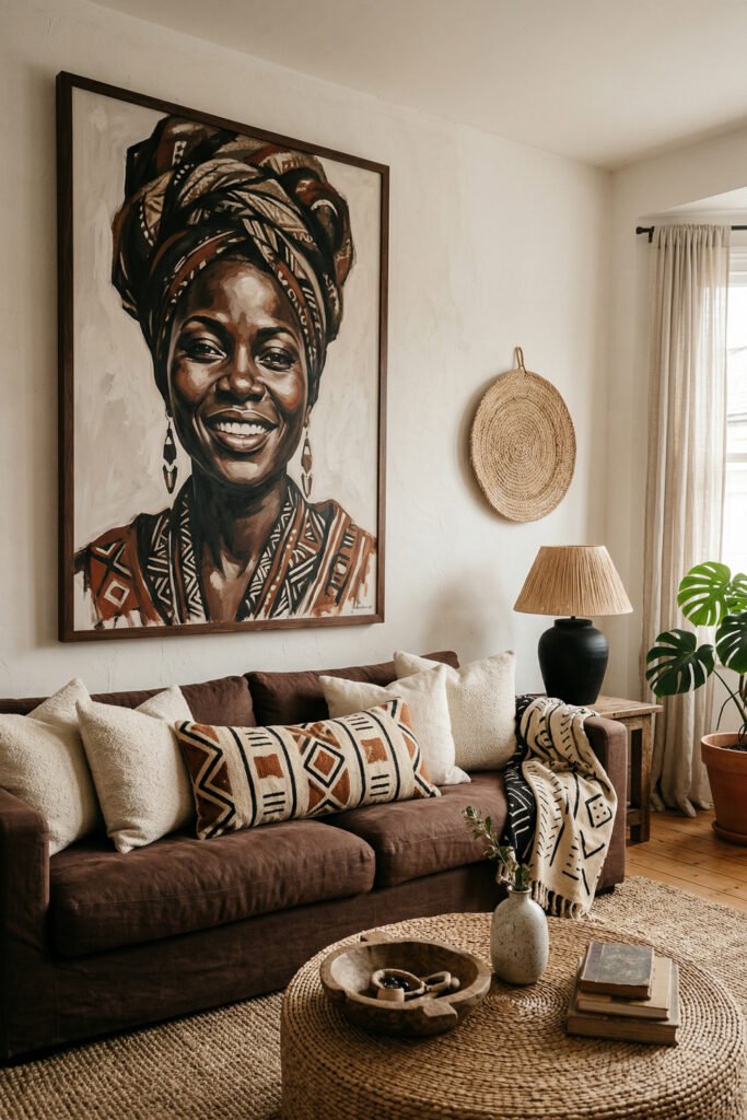 Brown sofa layered with neutral pillows beneath oversized portrait art, woven wall basket, lamp, and natural textures in an Afro Boho Decor living room.
