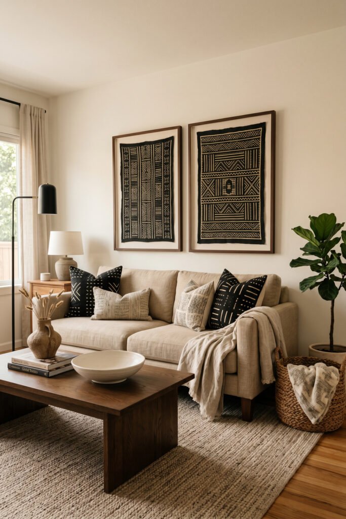 Cream sofa with black patterned pillows, framed textiles, dark wood coffee table, basket, and plant in a warm Afro Boho living room.
