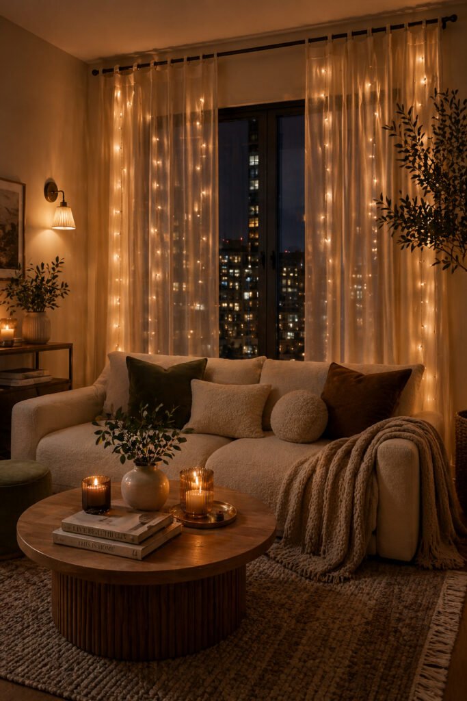 Warm living room with fairy lights, layered pillows, chunky throw, candles, and cozy apartment vibes decor ideas at night
