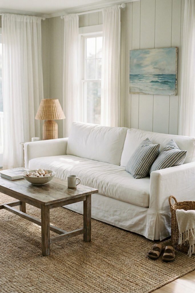 Beach Cottage Decor That Feels Fresh for Summer 2 Bright living room with white sofa, blue striped pillows, rustic wood coffee table, jute rug, and woven basket for relaxed beach cottage decor.