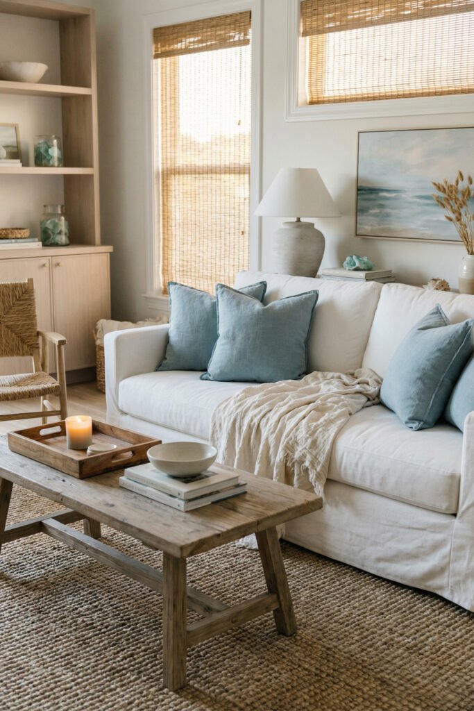 Coastal Summer Aesthetic Ideas for a Breezy Apartment 2 Airy living room with white sofa, sky blue pillows, rustic wood coffee table, woven rug, candle tray, and coastal art for a cozy coastal summer aesthetic.