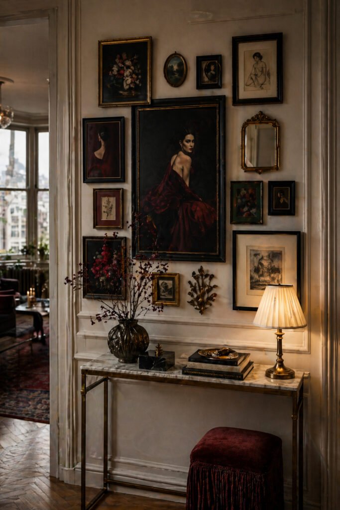 Moody apartment entry with portrait gallery wall, marble console, brass lamp, burgundy stool, and decor ideas with personality
