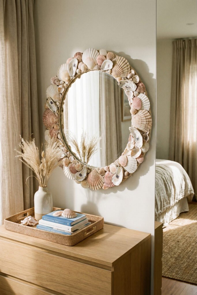 Diy Beach Decor That Feels Fresh for Summer 2 Shell-covered oval mirror above a warm wood dresser with tray, books, and vase in a serene bedroom, elegant DIY beach decor.