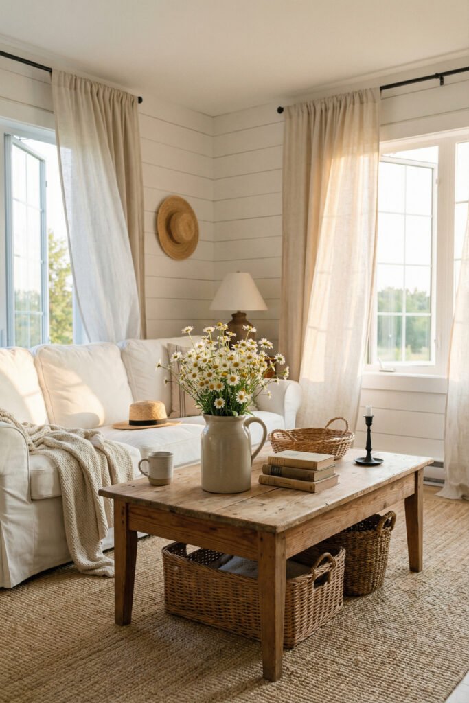 Sunlit white sofa, gauzy curtains, wood coffee table, daisies, baskets, and a woven hat bring warm farmhouse summer decor to this airy living room.
