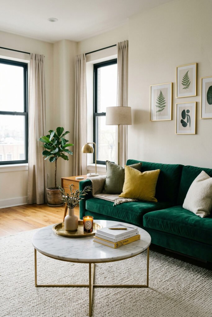 Green And Gold Room Ideas For A Stylish Living Room 2 Deep green velvet sofa with gold and marble coffee table, botanical wall art, and tall windows creating airy Green And Gold Room Ideas.