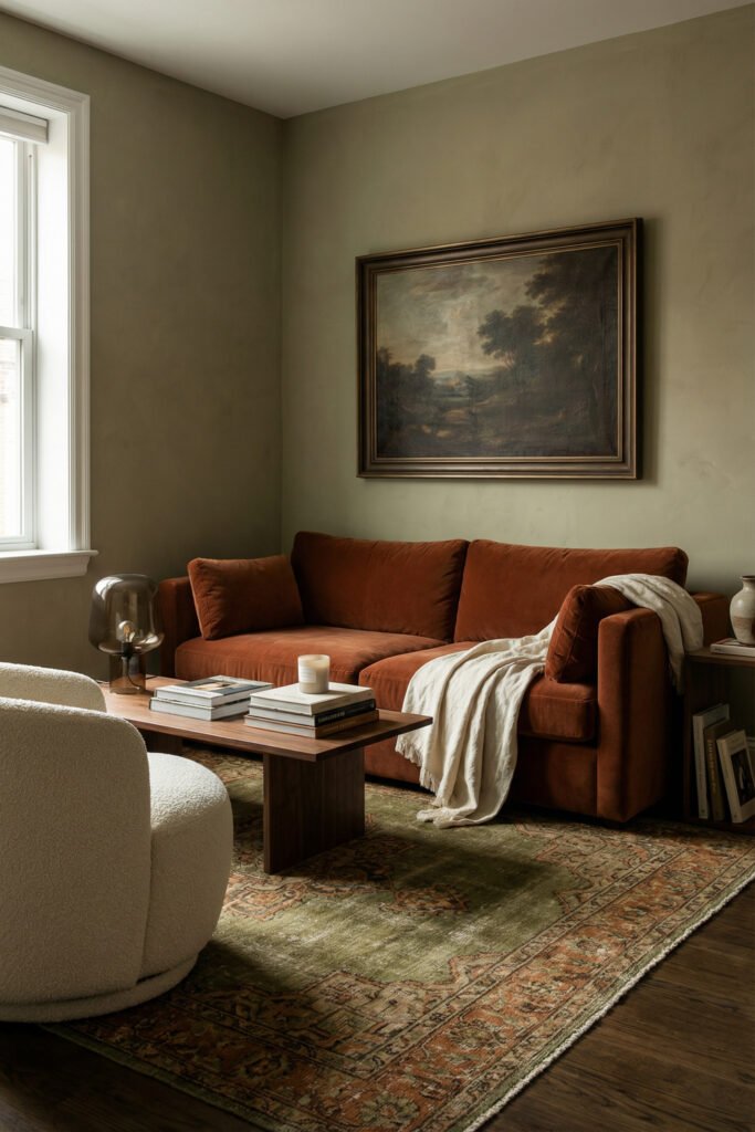 Warm green and rust living room featuring a rust sofa, olive walls, cream accent chair, wood coffee table, landscape painting, and patterned rug.
