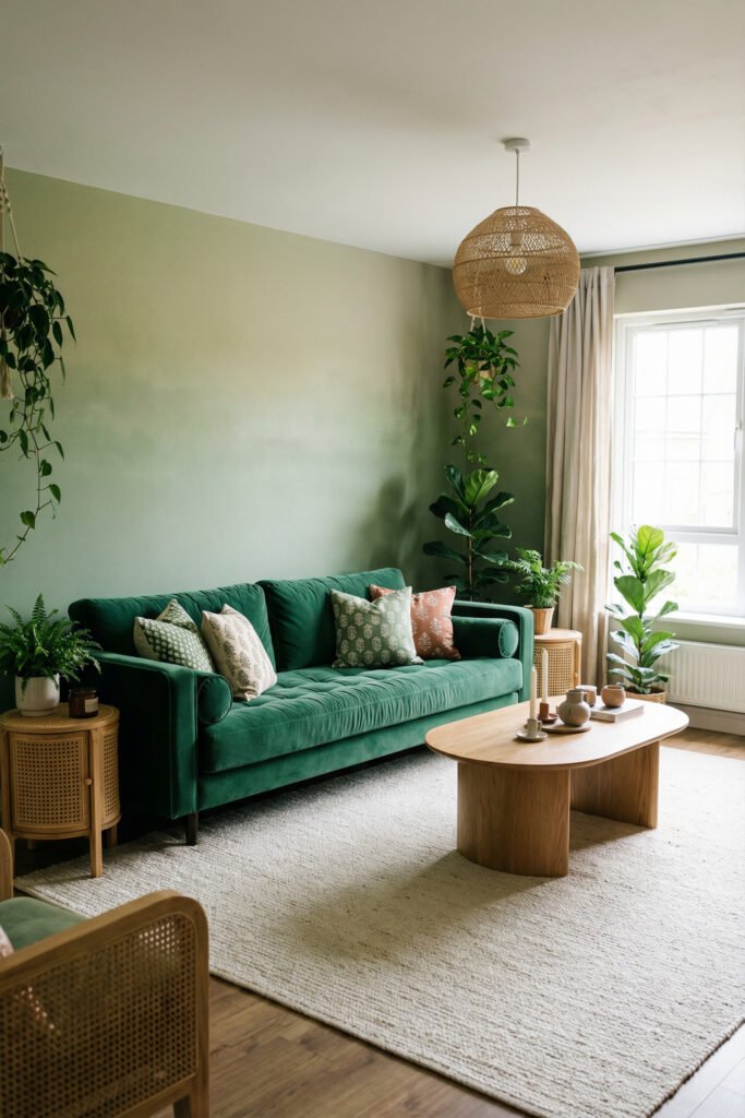 Green Boho Living Room Ideas With Relaxed Style 2 Sage green boho living room with velvet sofa, cane pendant light, plants, cream rug, and rounded wood coffee table by a bright window.