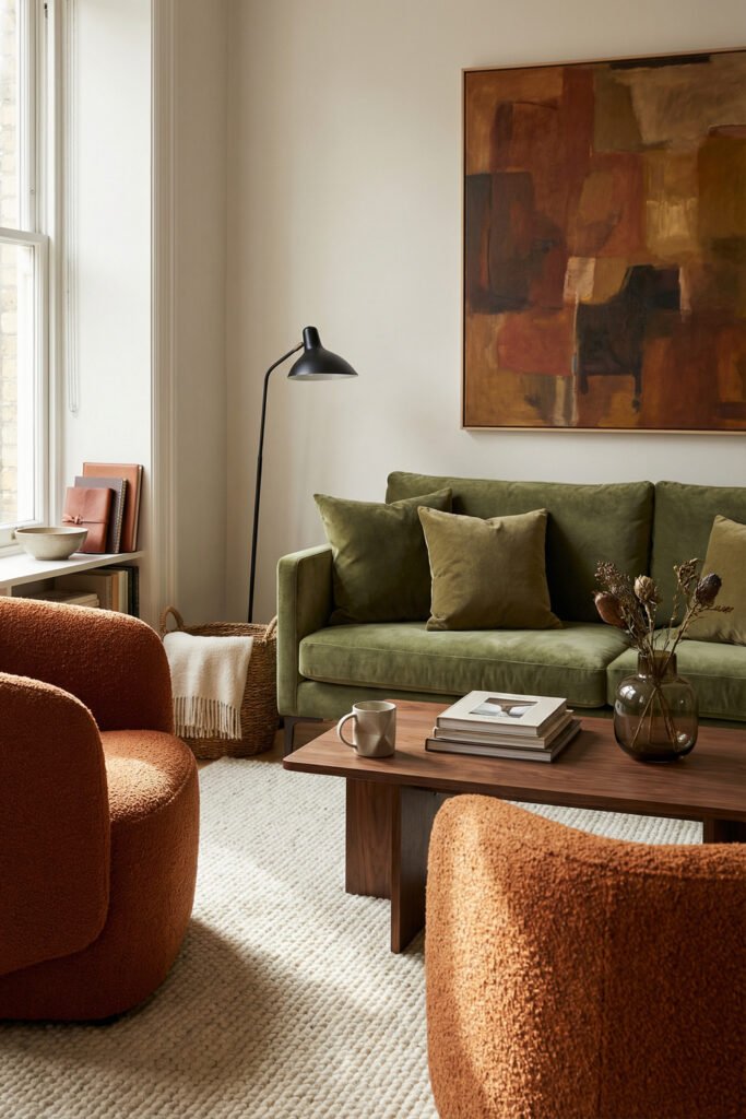 Green Burnt Orange Living Room Ideas With Rich, Easy Style 1 Green velvet sofa, burnt orange boucle chairs, walnut coffee table, black floor lamp and abstract art in a cozy Green Burnt Orange Living Room