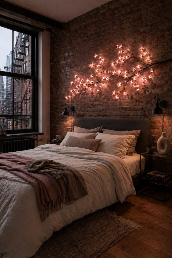Industrial bedroom with exposed brick, glowing pink blossom wall lights, black sconces, and soft layered bedding for cozy room lighting.
