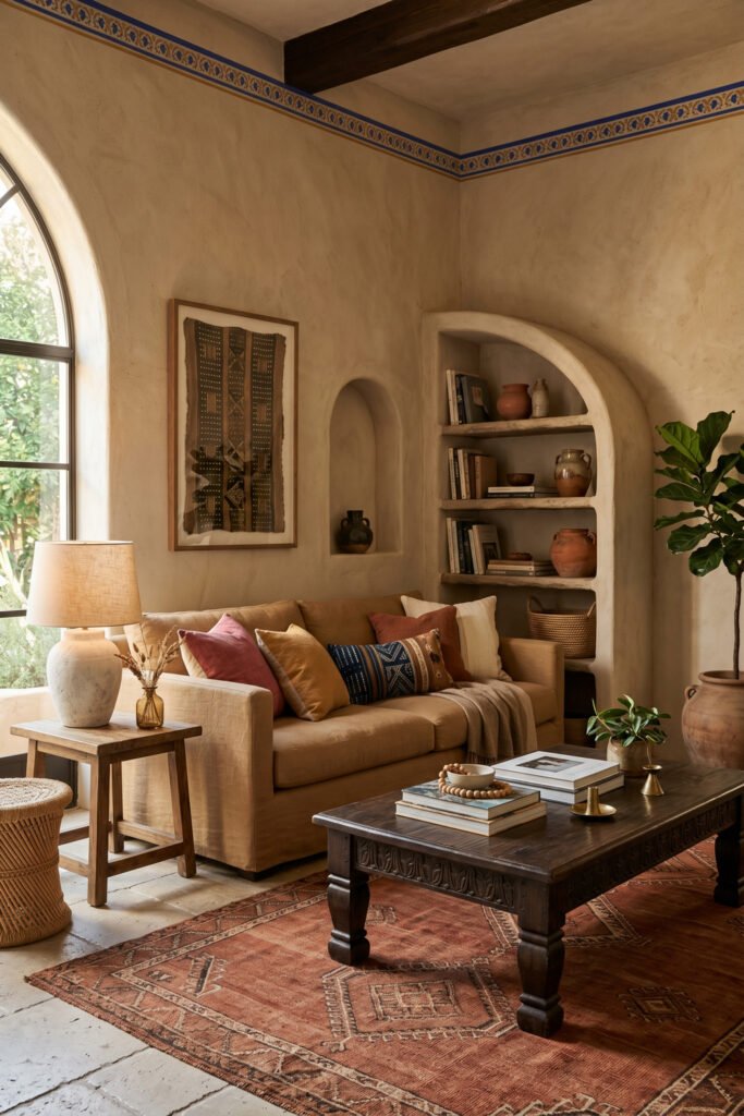 Sunlit living room with beige sofa, arched built-in shelves, terracotta pillows, dark wood coffee table, and textured plaster walls in Nubian Style.
