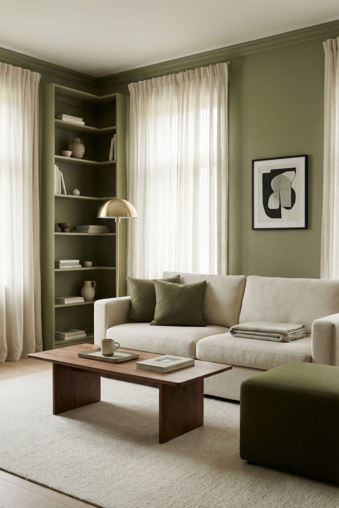 Olive Green Decor Ideas For A Layered Living Room 2 Cream sofa with olive pillows, sheer curtains, sage walls, brass lamp, and walnut coffee table in a calm olive green decor living room.