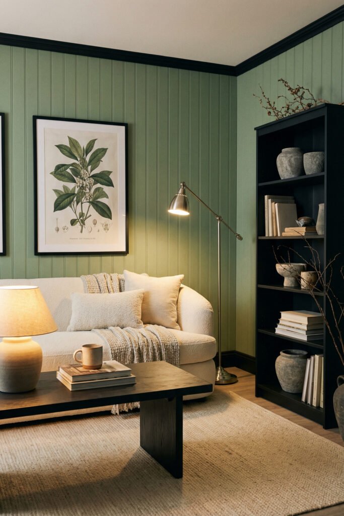 Sage Green And Black Living Room Ideas for a Layered Look 1 Sage green paneled living room with a cream sofa, black bookcase, brass floor lamp, layered textiles, and botanical wall art in a cozy black-accented scheme.