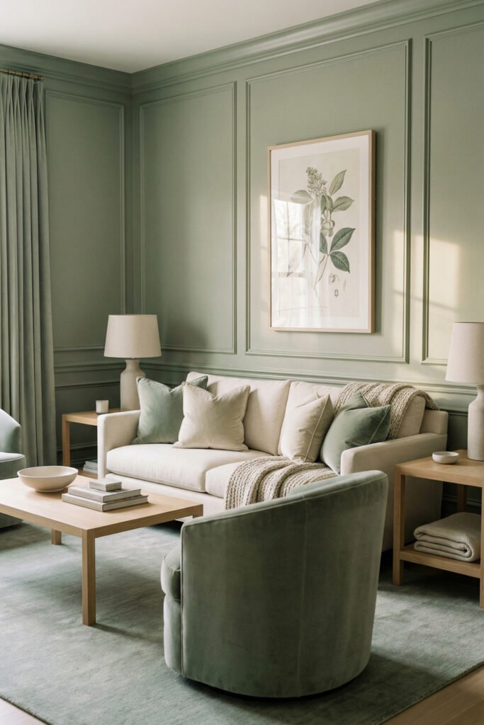 Sage Green Lounge Ideas for a Calm, Collected Living Room 2 Refined lounge with sage wall paneling, cream sofa, soft green barrel chairs, botanical art, and layered neutrals for classic Sage Green Lounge Ideas.