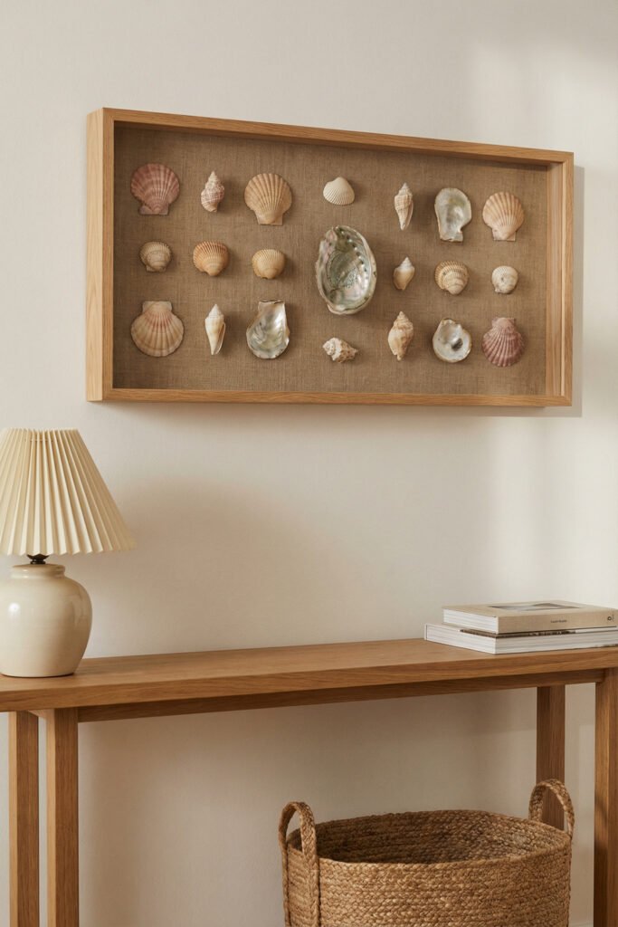 Horizontal shadow box filled with mixed shells and oyster pieces above a wood console with books and a lamp, a warm neutral seashell display idea.
