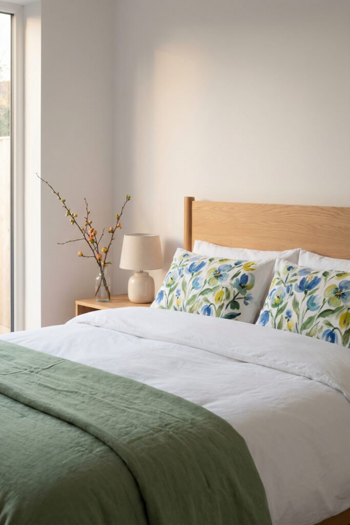 Spring Bedding Ideas for a Lighter, Fresher Bedroom 2 Minimal bedroom with an oak headboard, blue botanical pillows, crisp white bedding, and a soft green coverlet for calm spring bedding style.