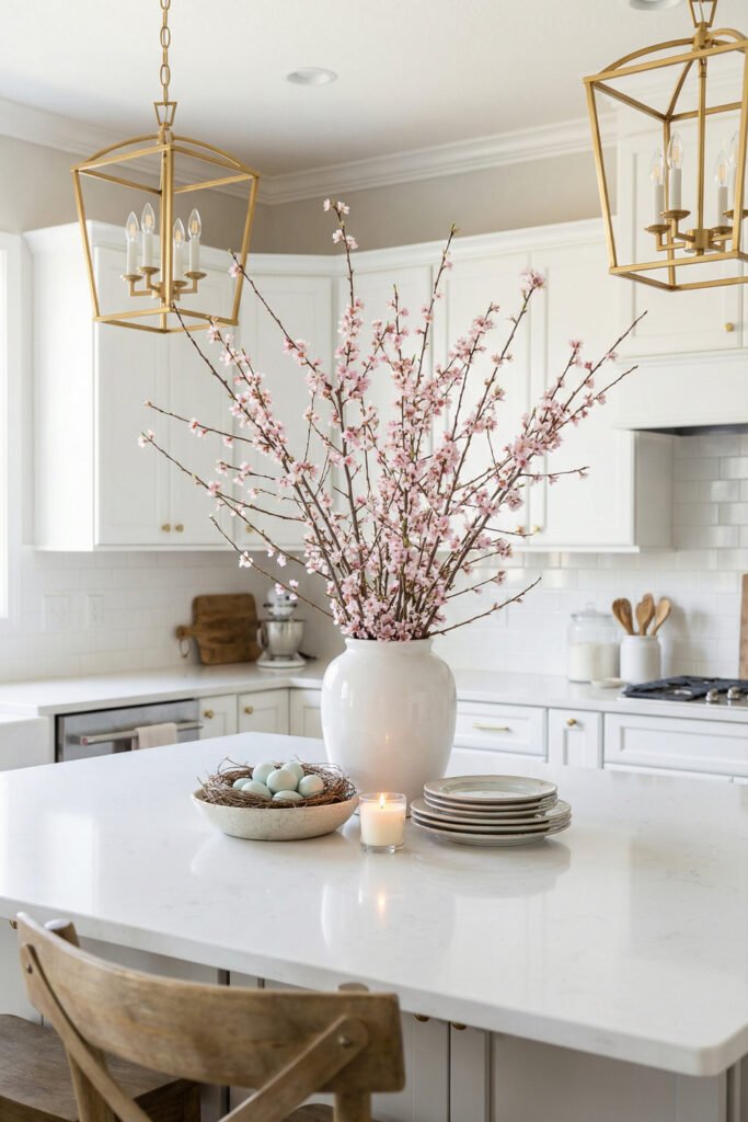 Bright white kitchen with pink flowering branches in a white vase, pastel eggs, a candle, and stacked plates on a marble island styled for spring kitchen décor
