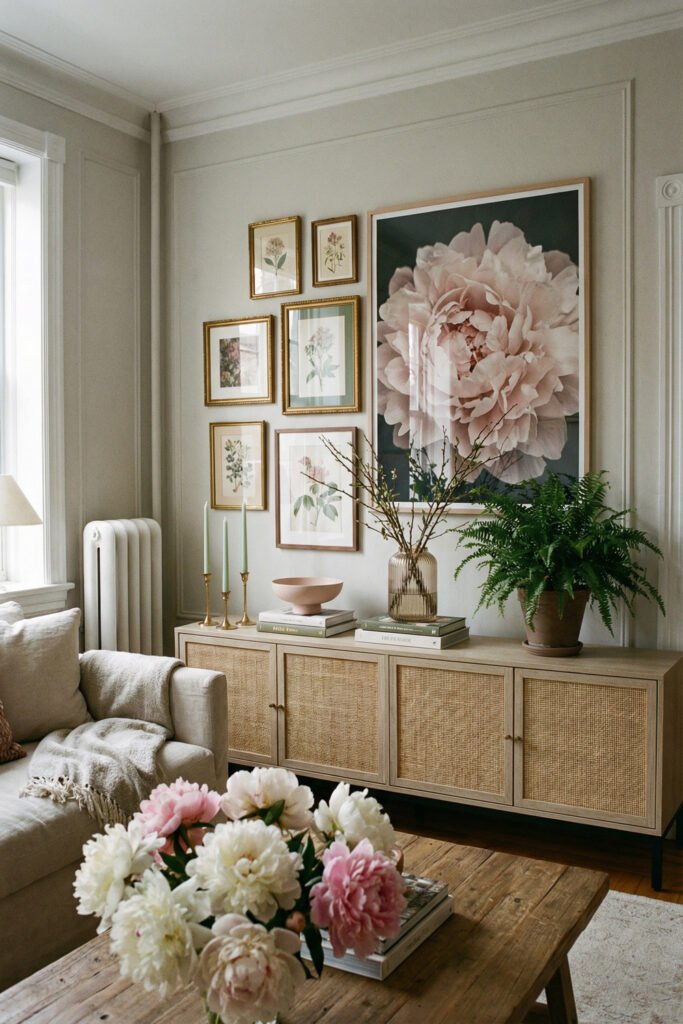 Soft beige living room with oversized peony art, cane-front cabinet, layered botanicals, and blush flowers for refined spring living room décor.

